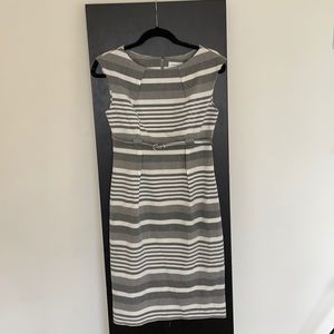 Gray and white Calvin Klein belted dress